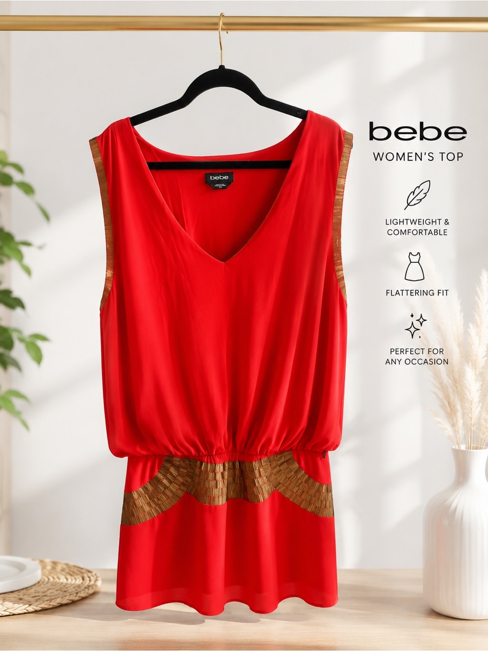 bebe Red Sleeveless V-Neck Top with Gold Trim